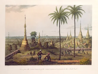 Scene from the Upper Terrace of the Great Pagoda at Rangoon, to the South East, engraved by H. Pyall, pub. by Kingsbury und Co., 1826